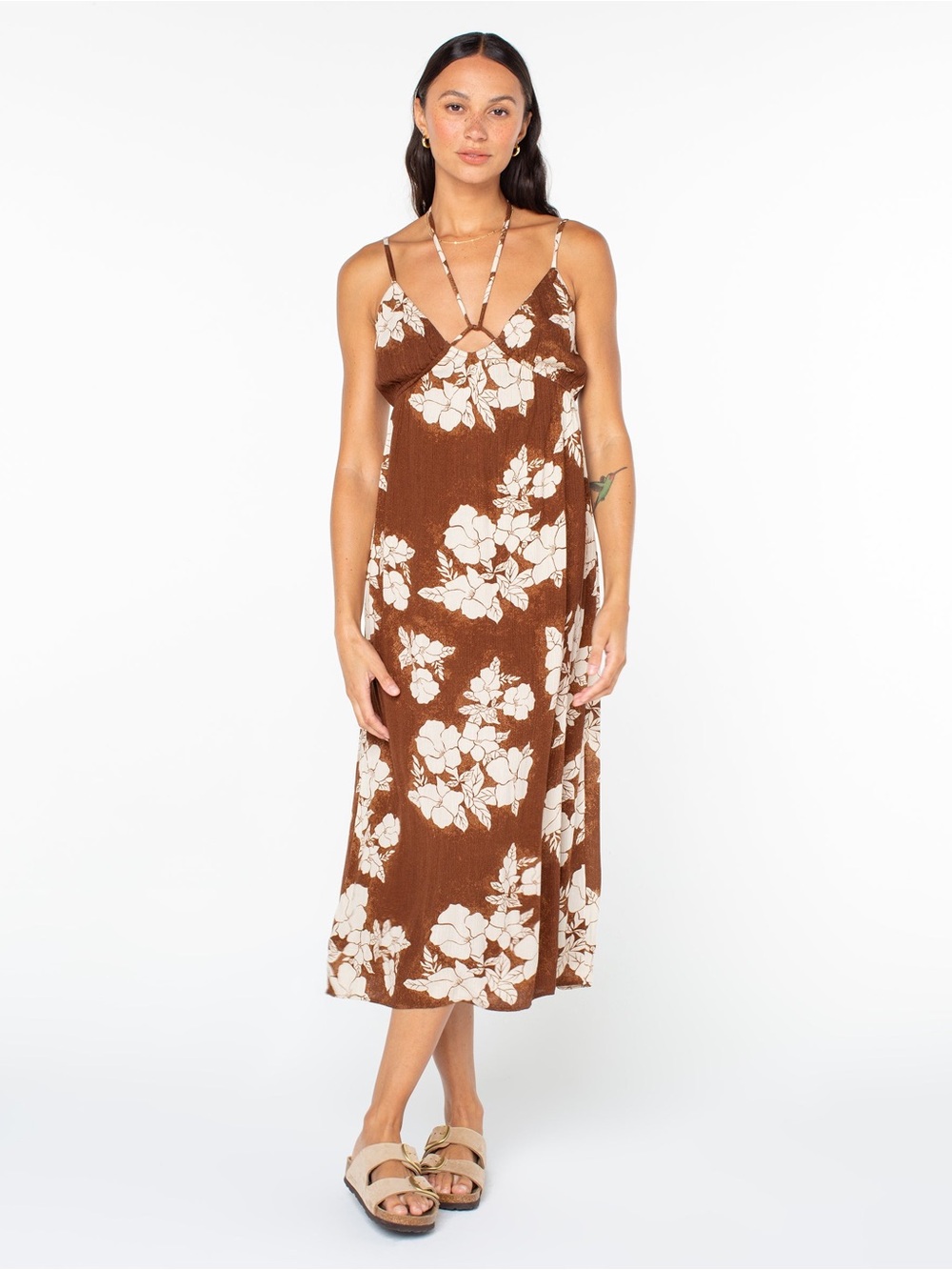 NWT Roxy Brown Floral Cutout Midi Dress Size L Boho Summer Bikini Coverup Vaca